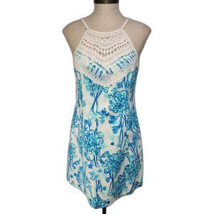 Lily Pulitzer Blue & White Pearl Lace Neck Shift Dress Size 8